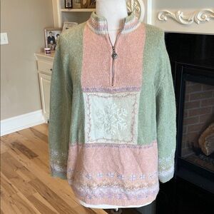 Vintage 80s Vibe Angora Blend Sweater Zip Neck Sage Green Multicolor